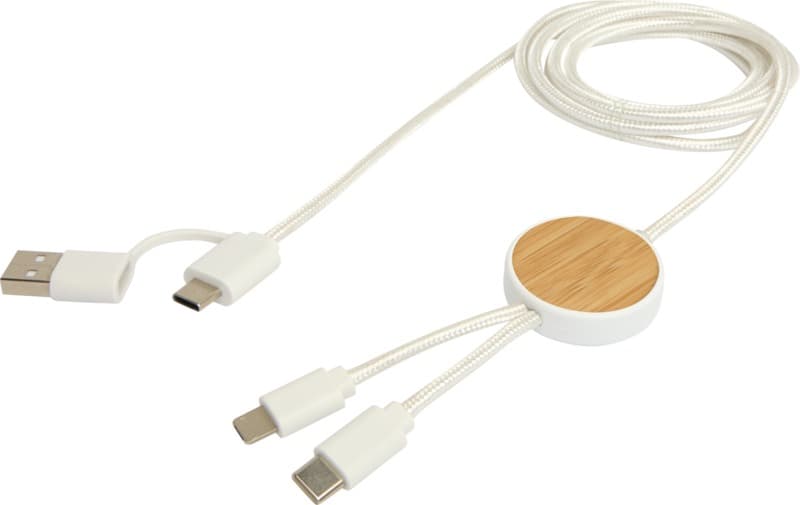 Chechia 5-in-1 recycled plastic 150 cm data sync and 27W fast charge cable with bamboo details 5