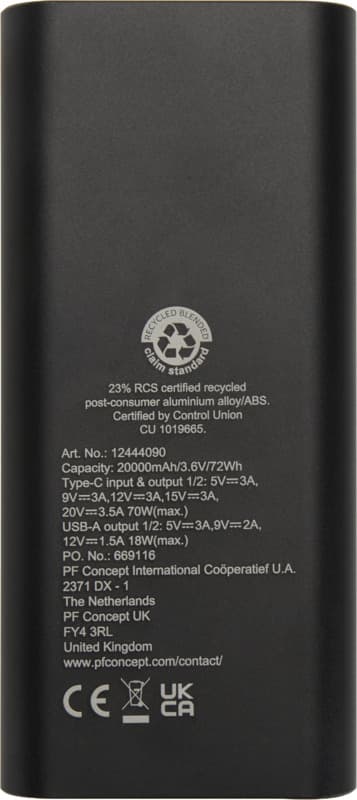 Acamar 20.000 mAh 70W recycled aluminium laptop power bank 3