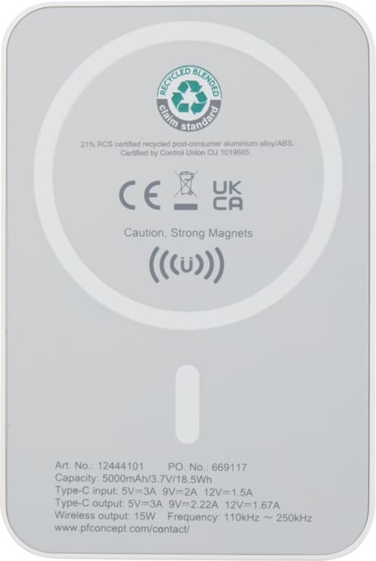 Acrab 5000 mAh 15W magnetic wireless power bank with 20W PD - made from recycled plastic 3