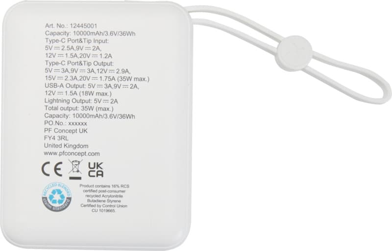 Acrux 10.000 mAh 35W tablet power bank with built in Type-C cable - made from recycled plastic 3