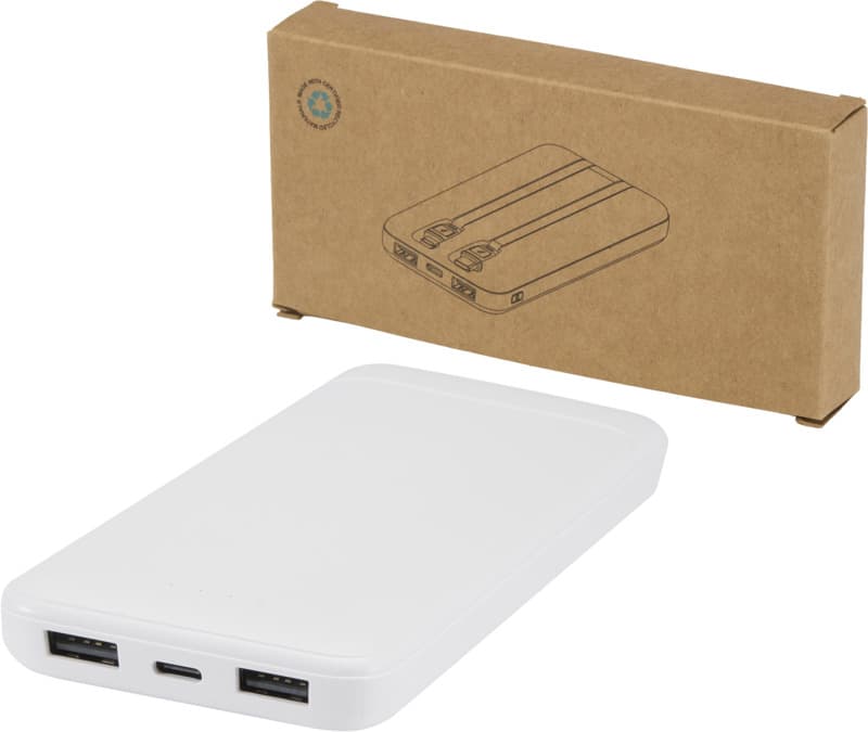 Adhil 10.000 mAh 10W recycled plastic power bank with 2 built-in cables