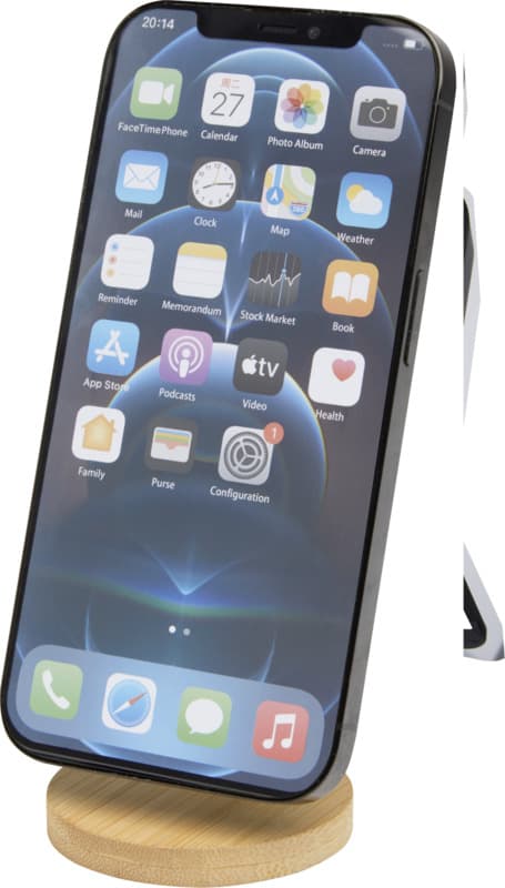 Alcor recycled plastic foldeable magnetic phone stand with bamboo details