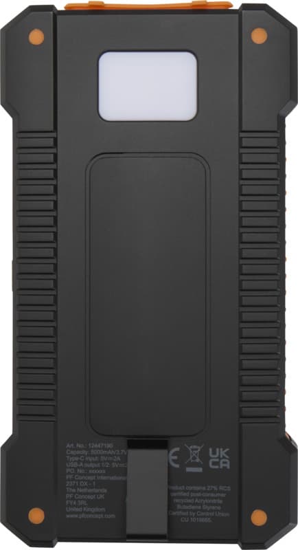 Altair 5000 mAh 10W recycled plastic rugged solar power bank with built-in torch 3