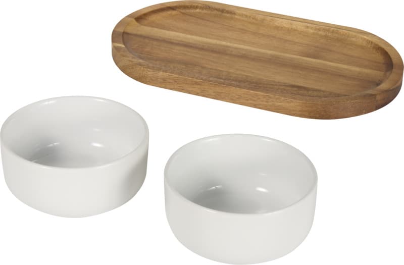 Noa wooden tray and ceramic serving bowls set 3