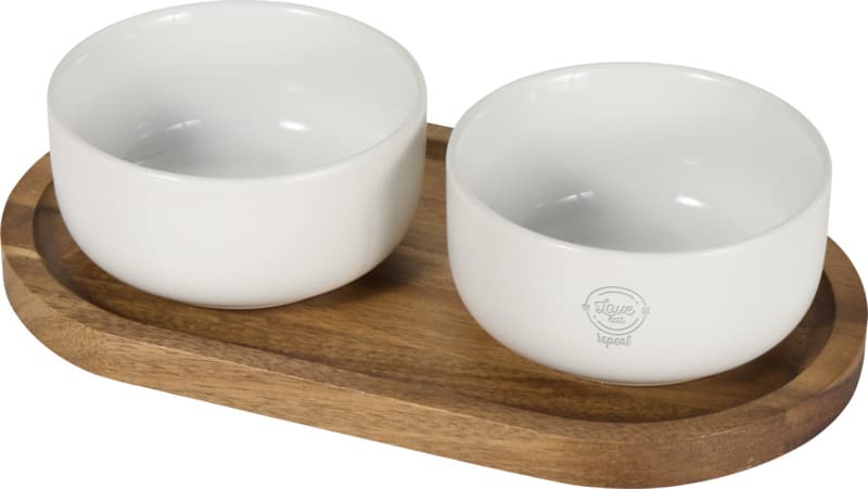 Noa wooden tray and ceramic serving bowls set 4