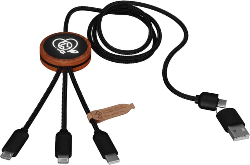 SCX.design C37 40W 5-in-1 rPET light-up logo charging cable with round wooden casing 5
