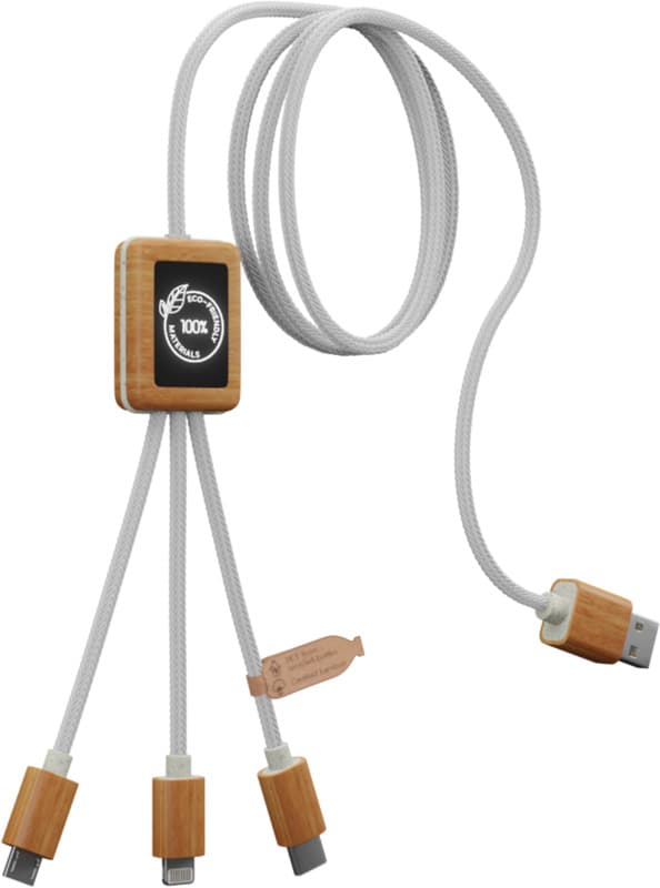 SCX.design C39 3-in-1 rPET light-up logo charging cable with squared bamboo casing 3