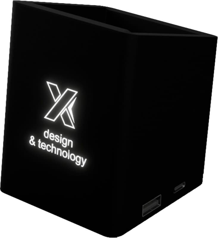 SCX.design O11 antibacterial light-up logo pencil holder with dual USB output