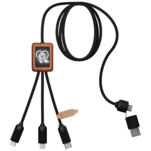 SCX.design C38 40W 5-in-1 rPET light-up logo charging cable with squared wooden casing
